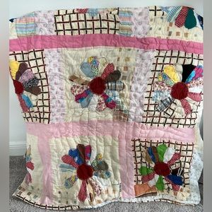 Vintage handmade crazy quilt scrap fabric flowers patchwork